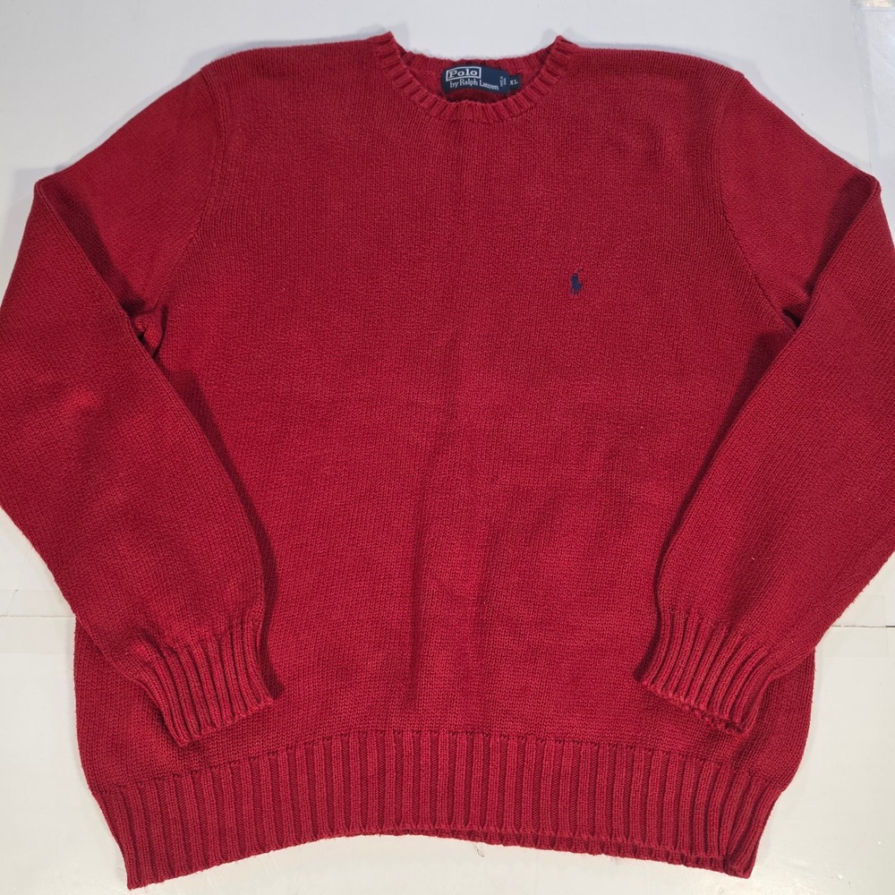 Vtg Polo Ralph Lauren Mens XL Red Cotton Crewneck Sweater Blue Pony Logo Knit